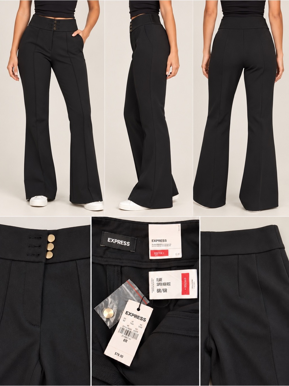 Express Black High-Rise Flare Pants with Gold Buttons